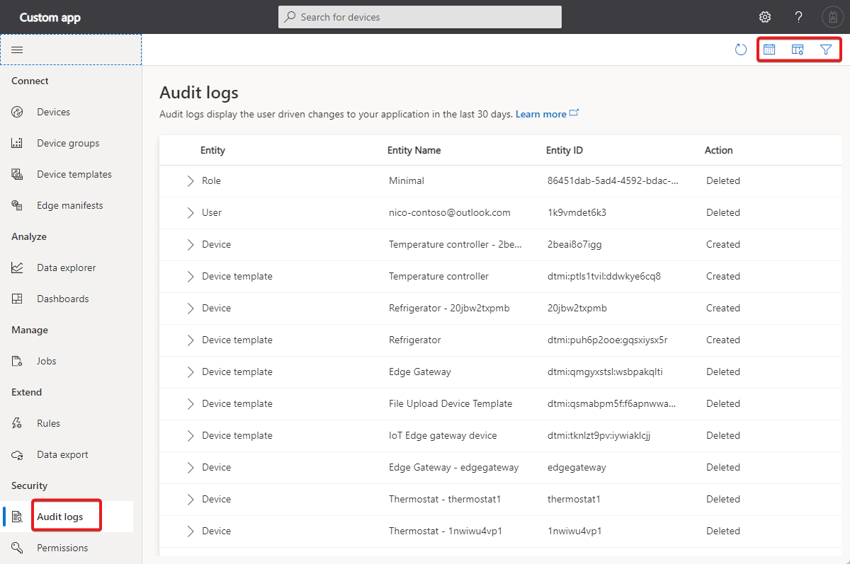 Captura de tela que mostra o log de auditoria. A localização dos controles de classificação e filtro é destacada.