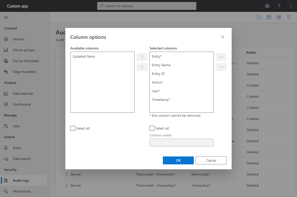 Captura de tela que mostra as opções da coluna do log de auditoria.