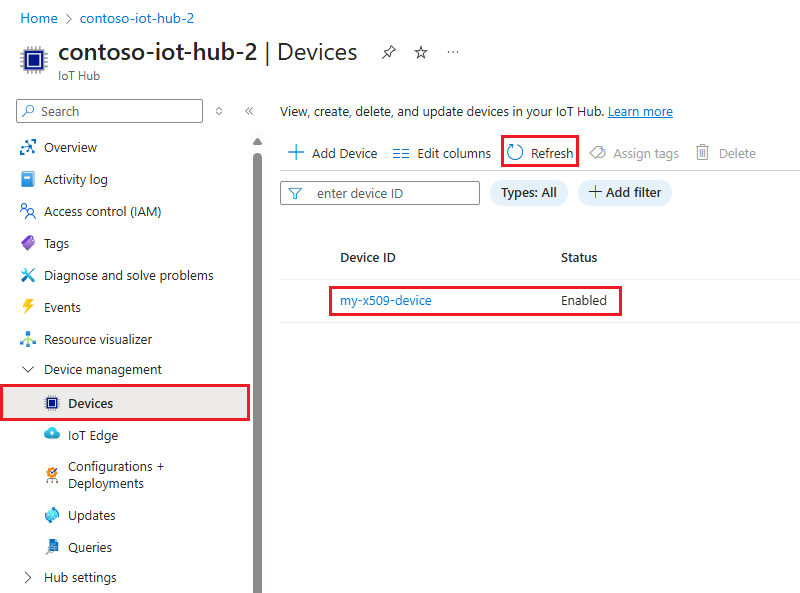 Captura de tela que mostra que o dispositivo está registrado com o hub IoT no portal do Azure.