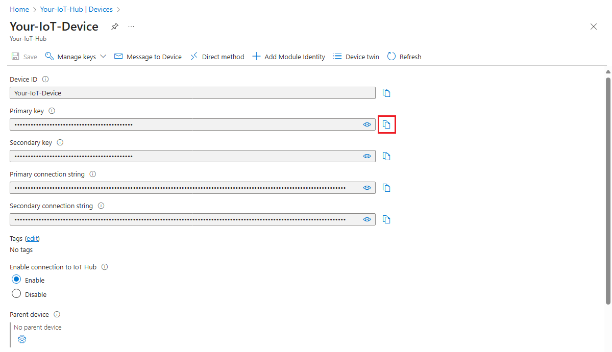 Captura de tela que mostra como copiar a chave primária para um dispositivo IoT da página de detalhes do dispositivo no portal do Azure.