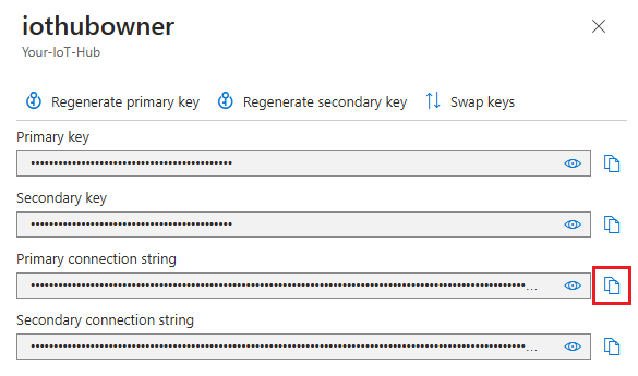 Captura de tela que mostra como copiar a cadeia de conexão primária para a política iothubowner de um hub IoT no portal do Azure.