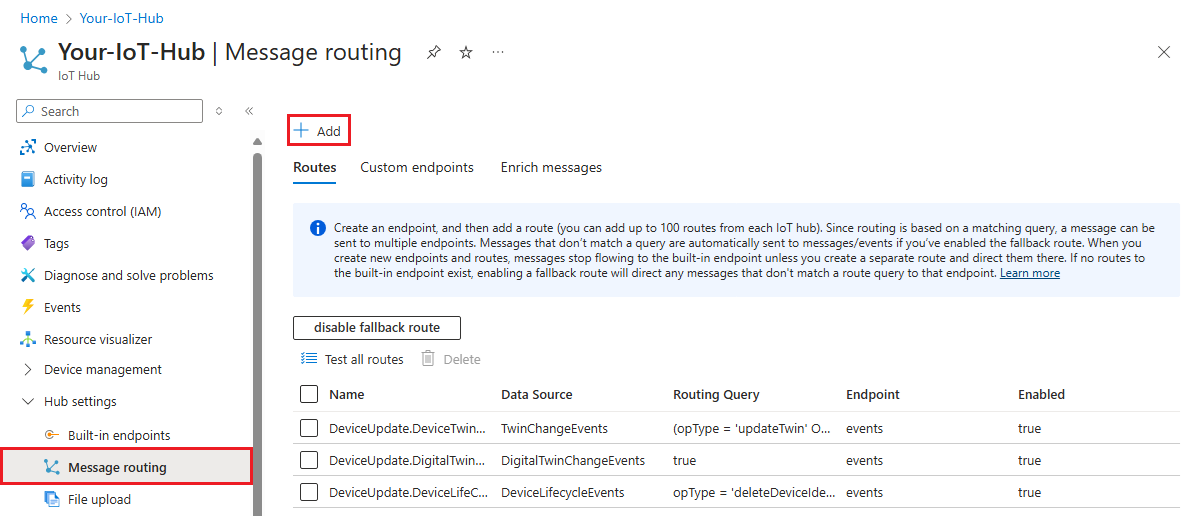 Captura de tela que mostra o local do botão Adicionar para adicionar uma nova rota ao hub IoT.