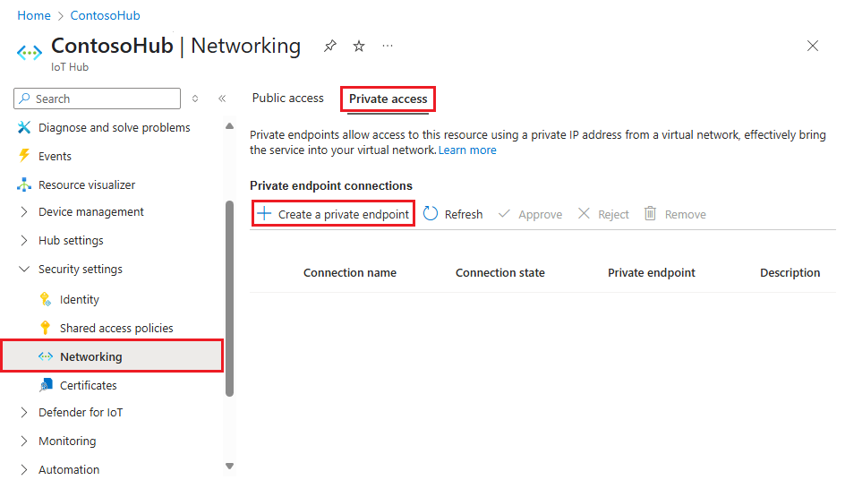 Captura de tela mostrando onde adicionar um endpoint privado para um hub IoT.