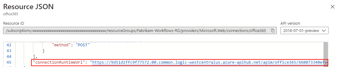 A captura de tela mostra o valor da propriedade selecionado chamado connectionRuntimeUrl.