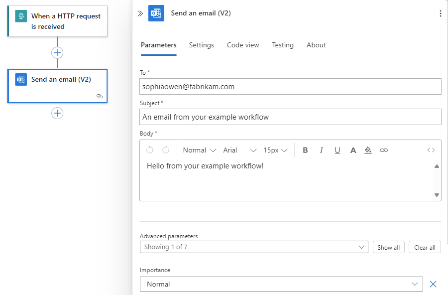 A captura de tela mostra o designer, a ação chamada Enviar um email (V2) e o painel de informações da ação com a guia selecionada chamada Parâmetros.