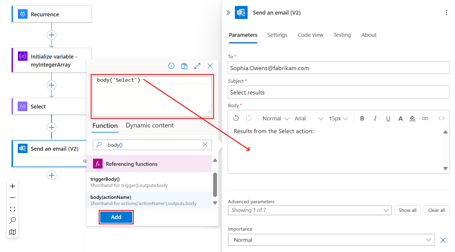A captura de tela mostra o fluxo de trabalho com a ação chamada Enviar um email e as saídas da ação Selecionar.