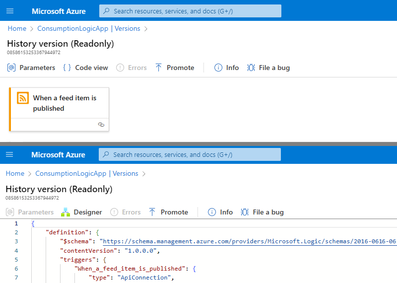 A captura de tela mostra a página de histórico de versões com opções de exibição de designer e exibição de código.