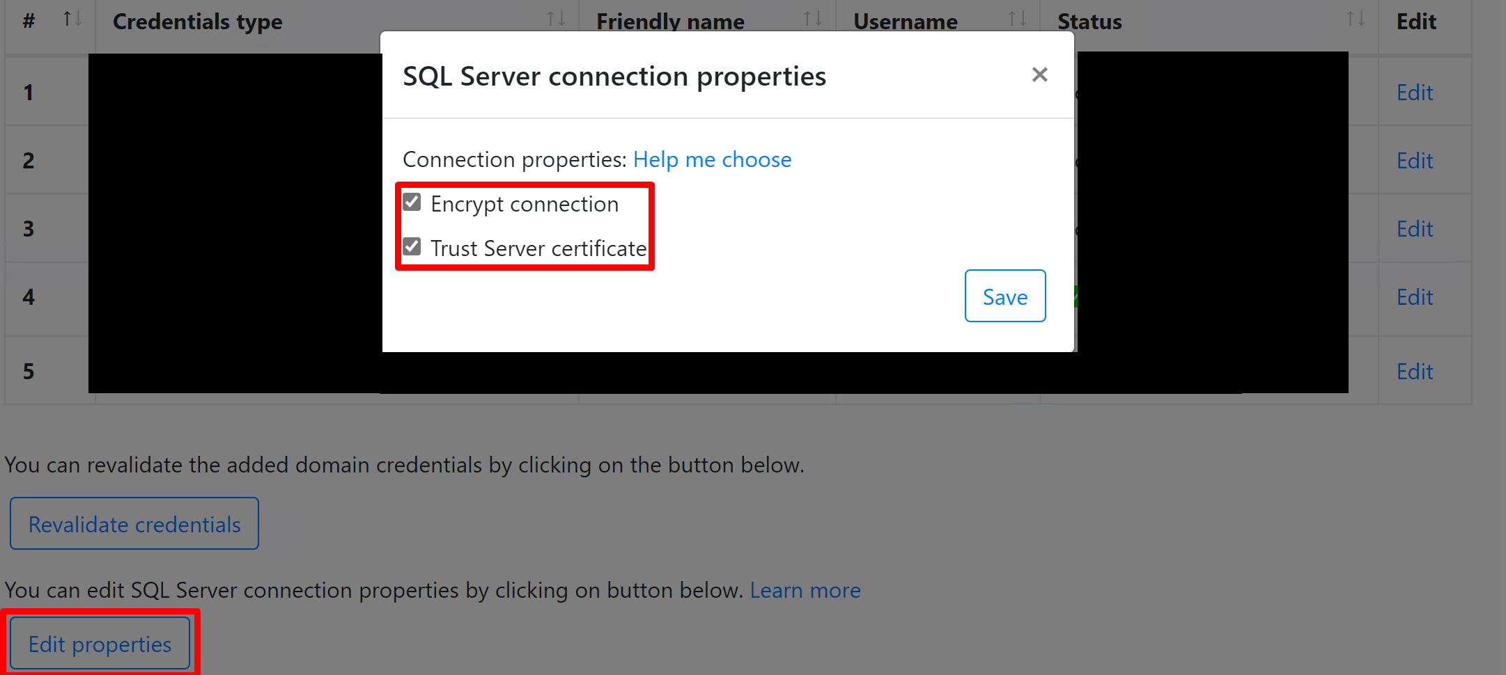 Captura de tela que mostra como editar propriedades de conexão do SQL Server.
