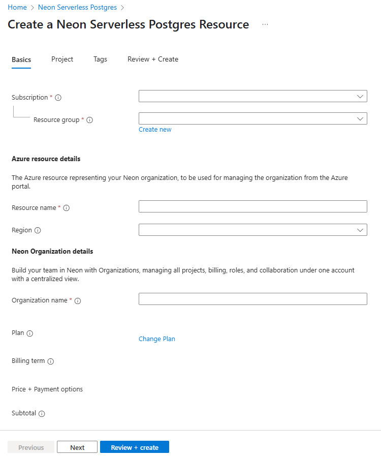 Captura de tela do portal do Azure que mostra a guia Noções básicas para criar um novo recurso Neon.
