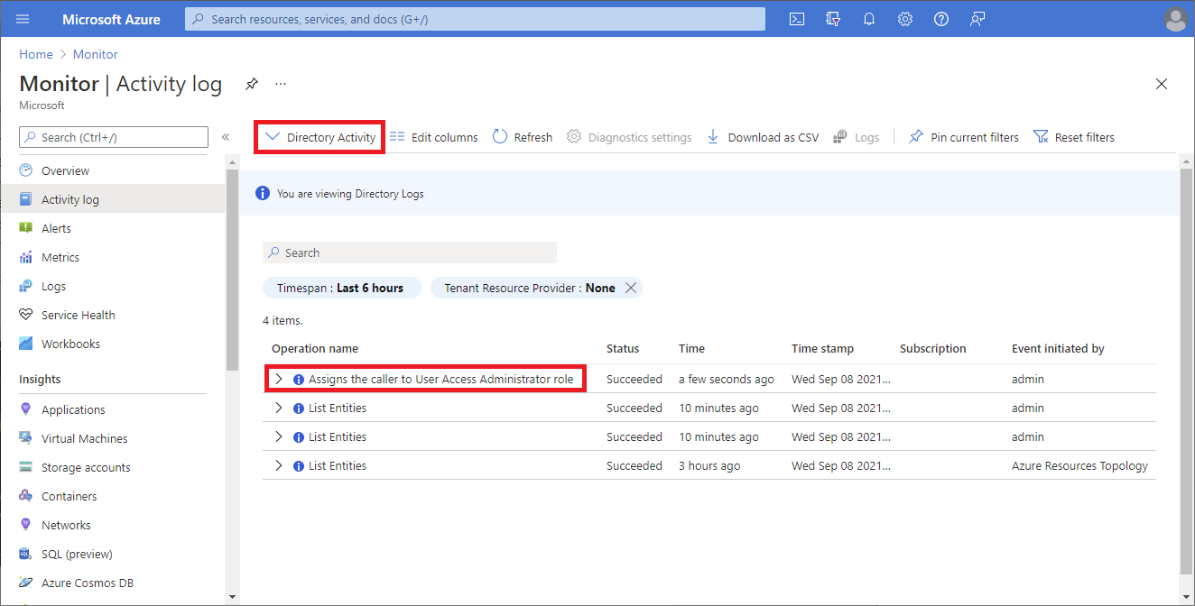 Captura de tela que mostra os logs de atividades do diretório no Azure Monitor.