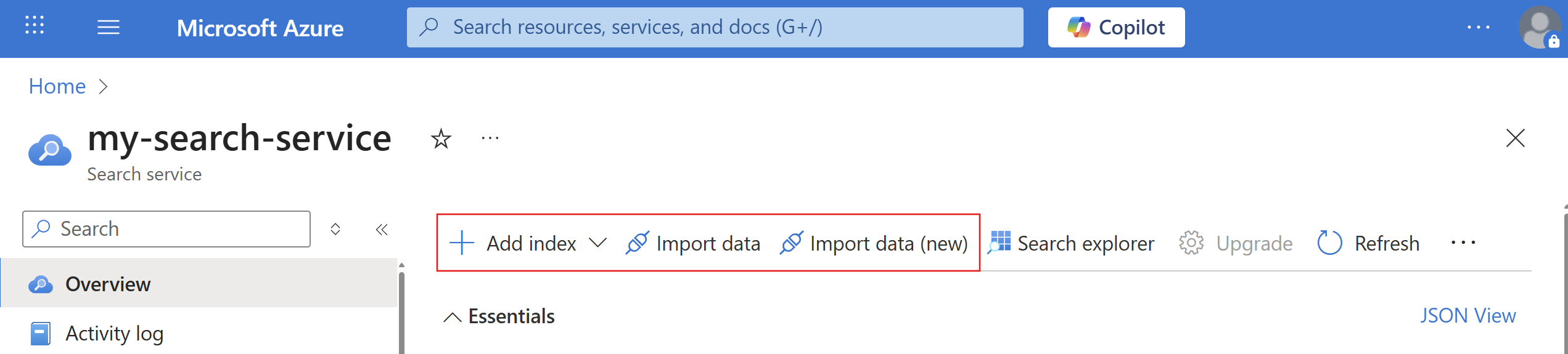 Captura de tela das opções para adicionar um índice.