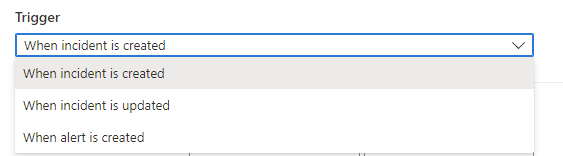 Captura de tela da seleção do gatilho de criação ou atualização de incidentes.