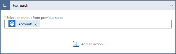 A captura de tela mostra como adicionar uma ação de loop for-each a um guia estratégico para executar uma ação em cada conta descoberta.