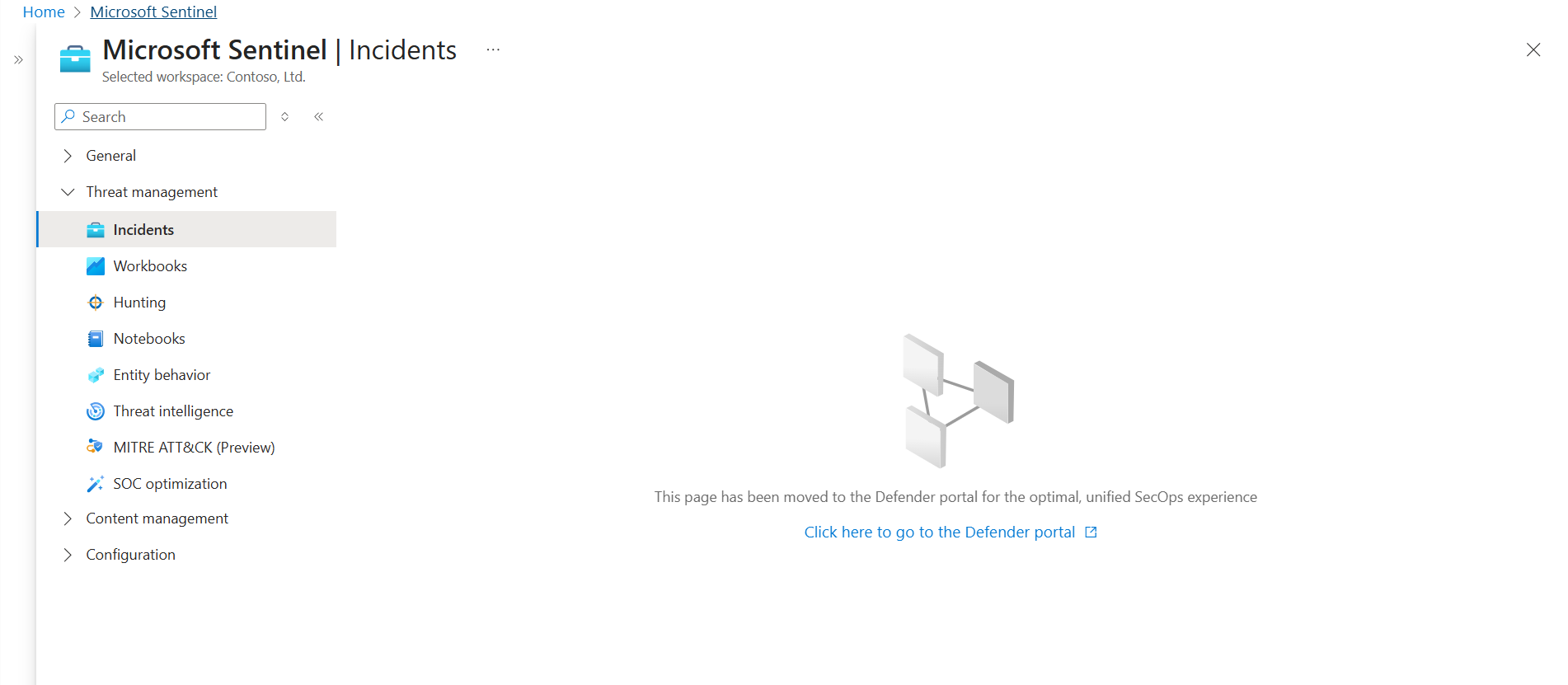 Captura de tela de um link de redirecionamento do portal do Azure para o portal do Defender.