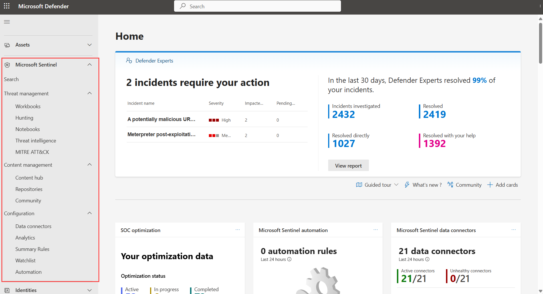 Captura de tela do Microsoft Sentinel no portal do Defender.