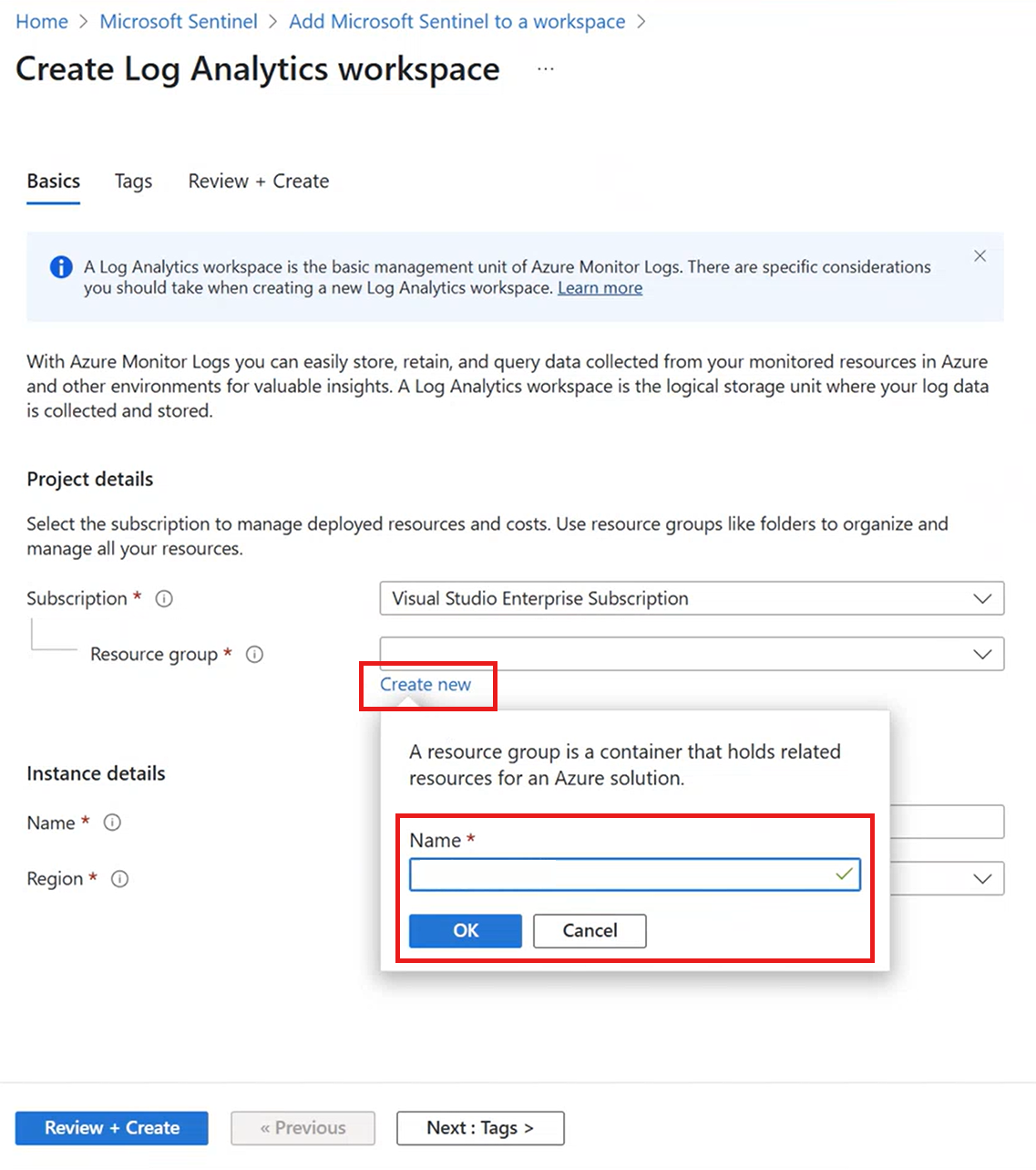 Captura de tela da tela de criação de um workspace do Log Analytics. Em Assinatura e grupo de recursos, Criar está selecionado.