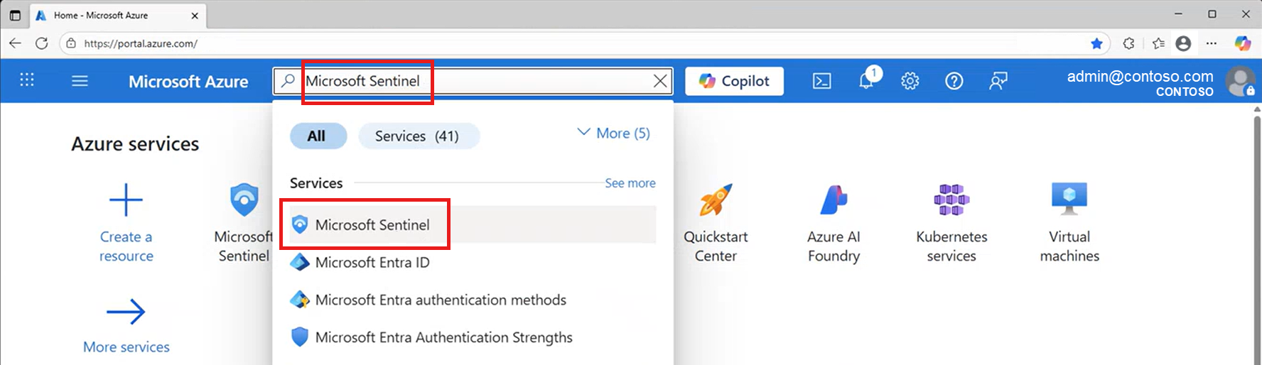 Captura de tela da pesquisa e seleção do Microsoft Sentinel no portal do Azure.
