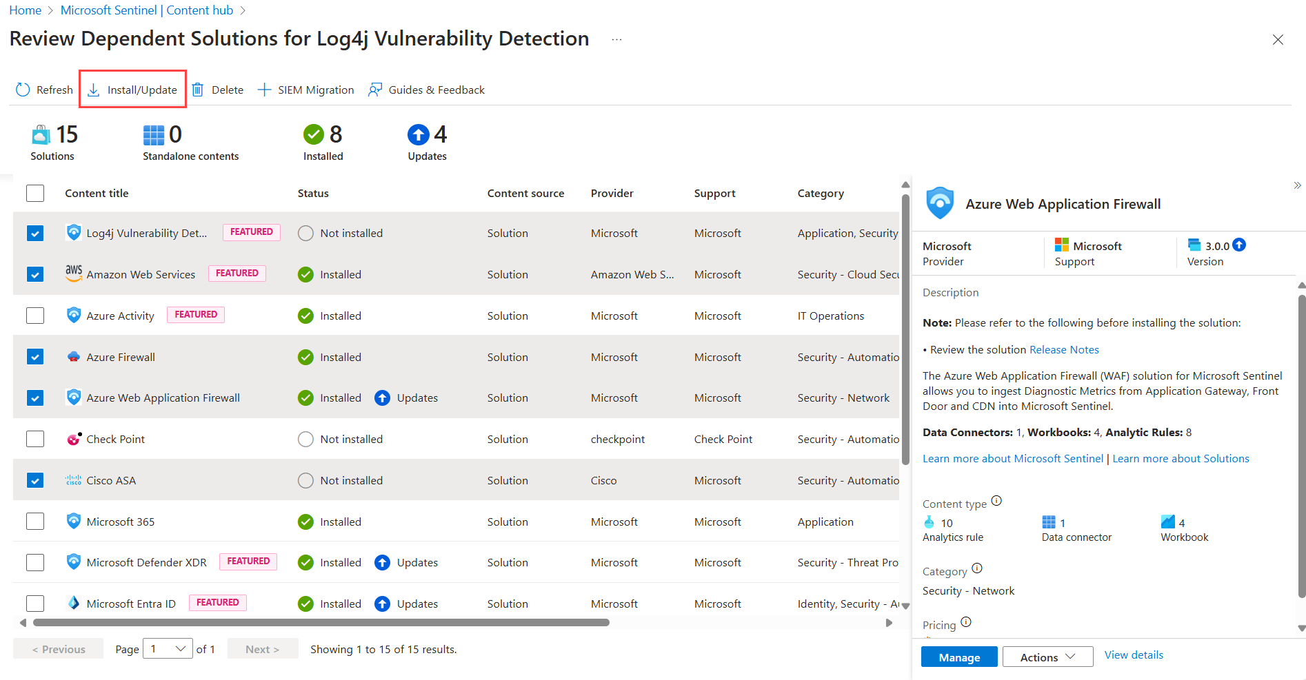 Captura de tela da instalação de várias dependências de solução em massa.