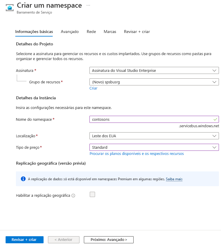 Captura de tela mostrando a página Criar um namespace