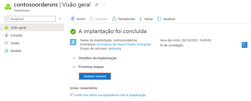 Captura de tela mostrando a página de implantação bem-sucedida com o link Ir para o recurso.