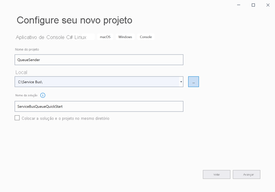 Imagem mostrando os nomes da solução e do projeto na caixa de diálogo Configurar seu novo projeto