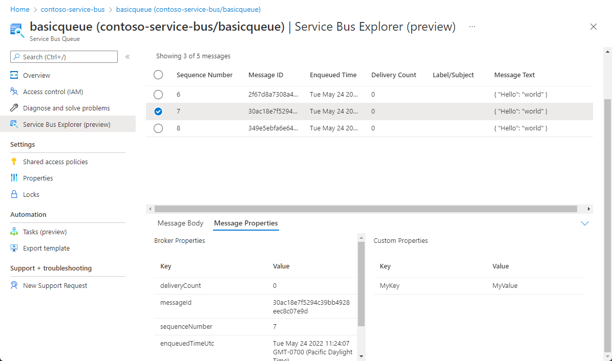 Captura de tela com visão geral de mensagens espiadas e propriedades de mensagem mostradas para espiar com opções avançadas.