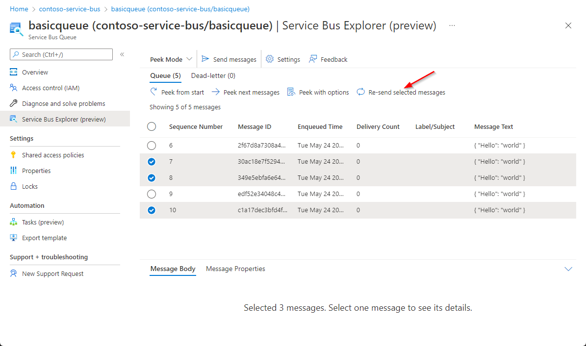 Captura de tela indicando o botão Reenviar mensagens selecionadas.
