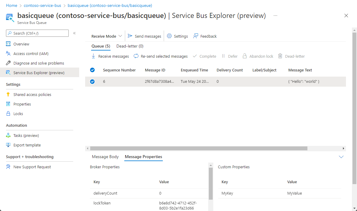 Captura de tela com visão geral das mensagens recebidas e das propriedades da mensagem mostradas.