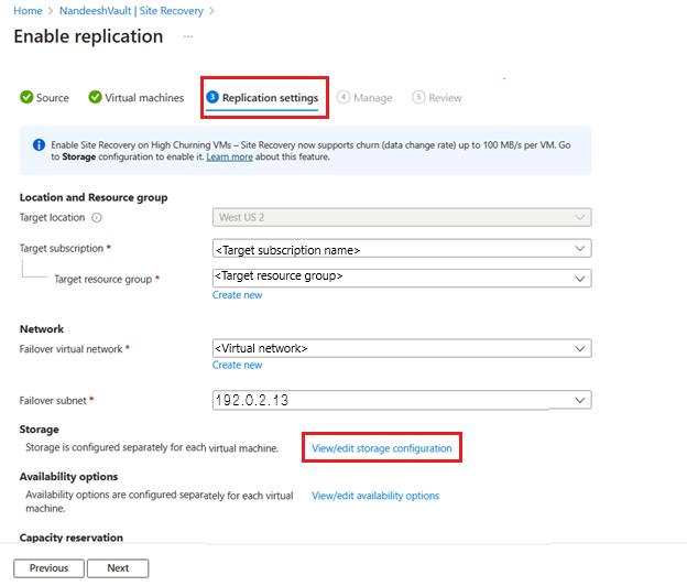Captura de tela do armazenamento das configurações de replicação.