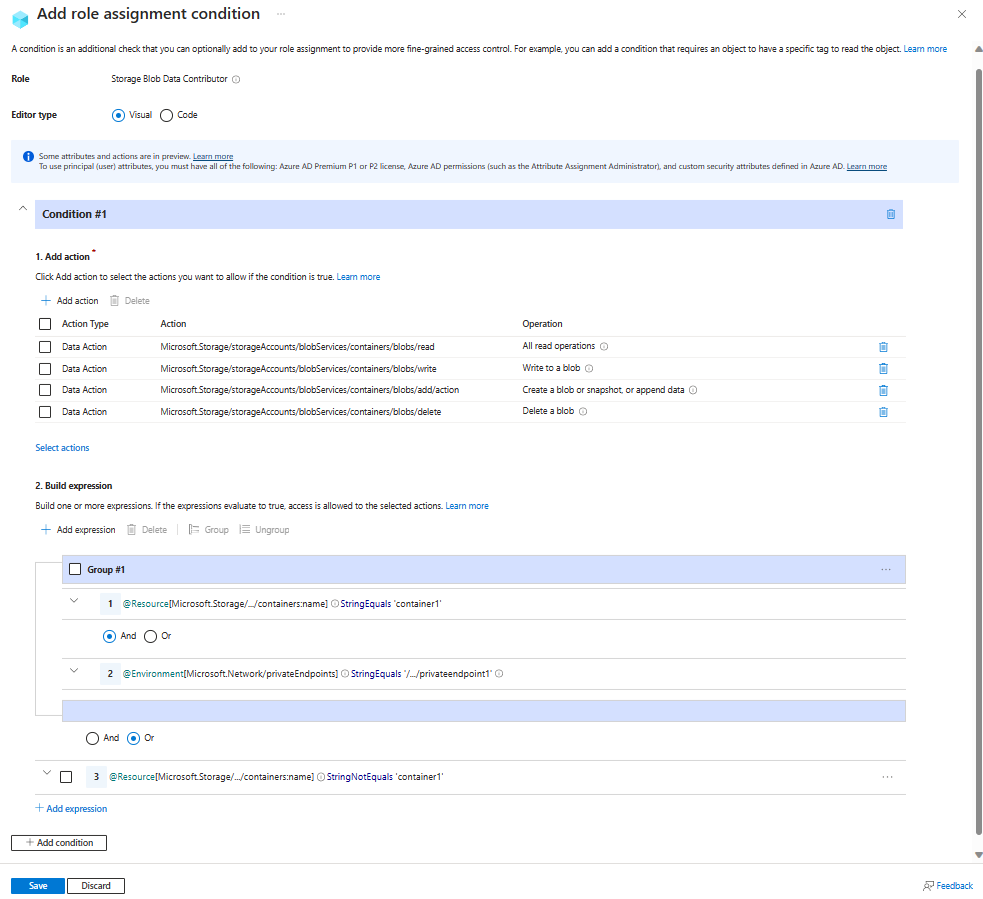 Captura de tela do editor de condições no portal do Azure com a seleção de operações de leitura, gravação ou exclusão de blobs em contêineres nomeados com ponto de extremidade privado.