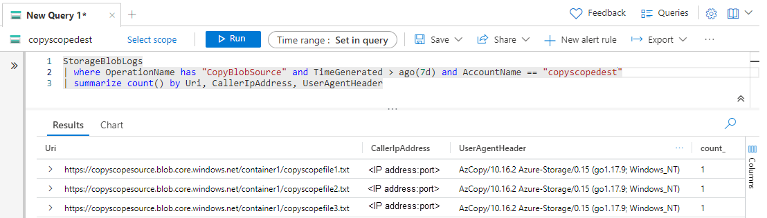 Captura de tela que mostra a aparência de uma consulta de log de Origem do Blob de Cópia.