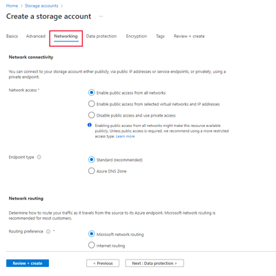 Captura de tela que mostra uma configuração padrão para uma nova conta de armazenamento – Guia Rede.