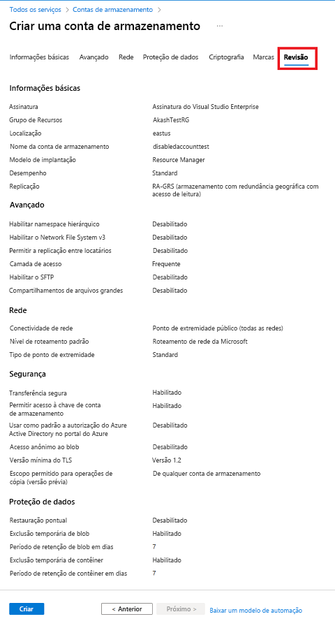 Captura de tela que mostra uma configuração padrão para uma nova conta de armazenamento – Guia Revisão.