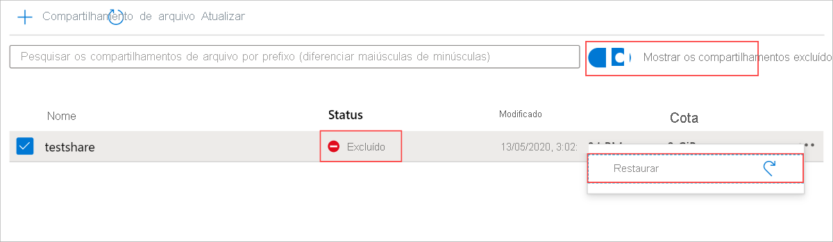 Captura de tela da opção undelete em um compartilhamento de arquivos excluído no portal do Azure.