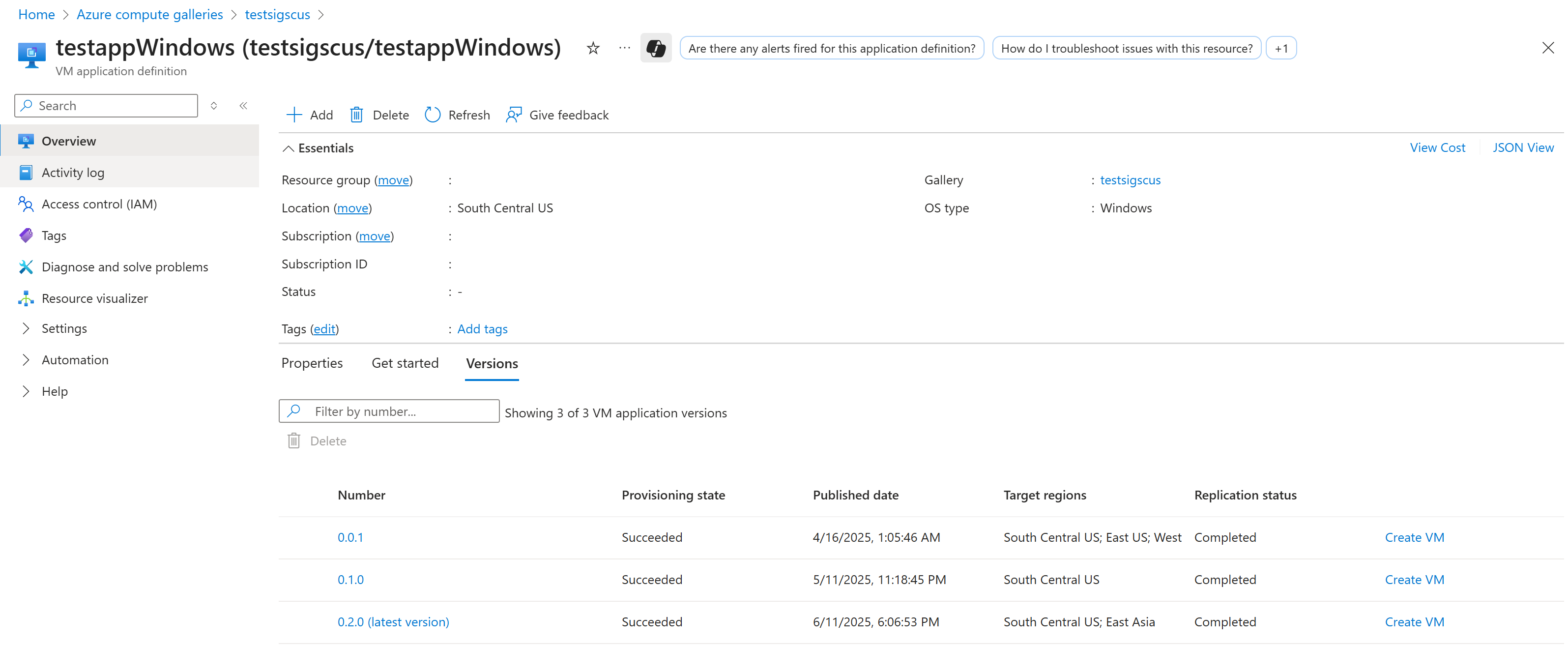 Captura de tela mostrando as propriedades do aplicativo VM e todas as versões no portal do Azure.