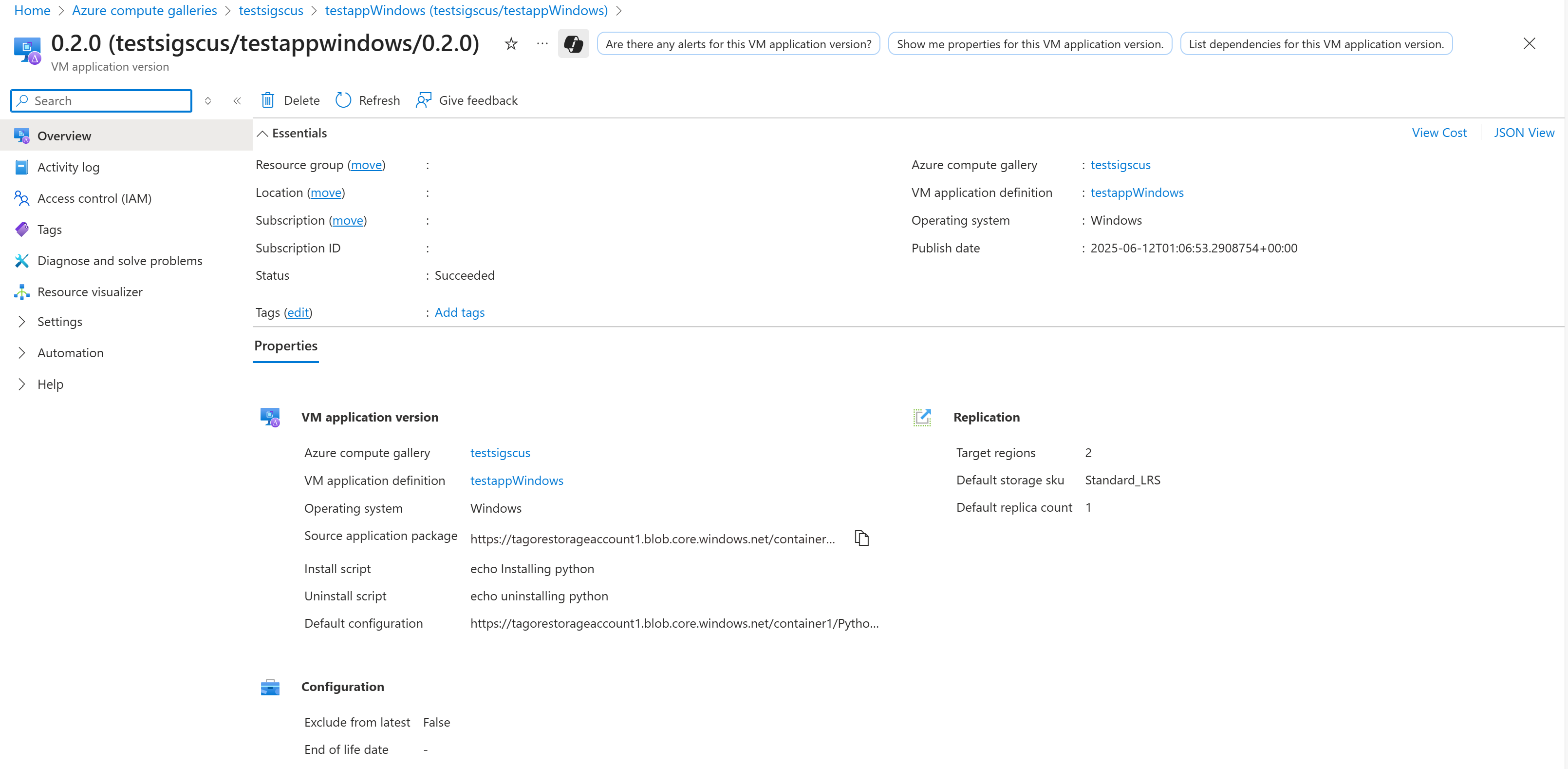 Captura de tela mostrando as propriedades da versão do aplicativo VM no portal do Azure.