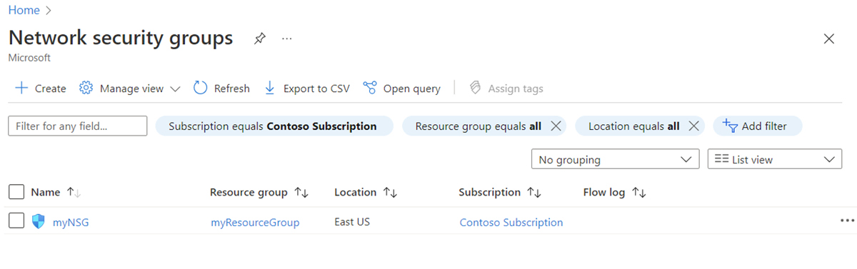 Captura de tela da lista De grupos de segurança de rede no portal do Azure.