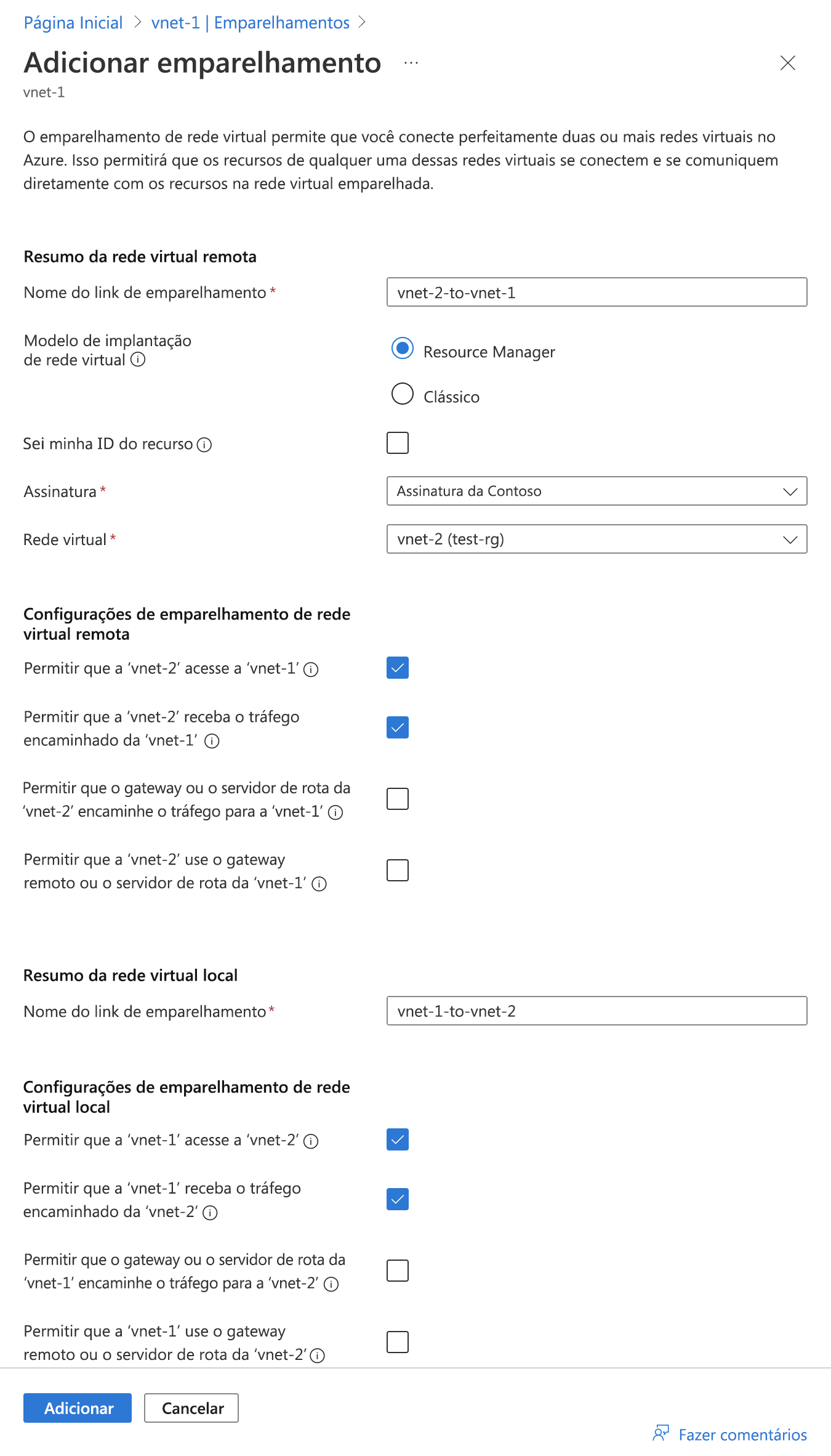 Captura de tela do portal do Azure mostrando a página de configuração de emparelhamento de rede virtual.