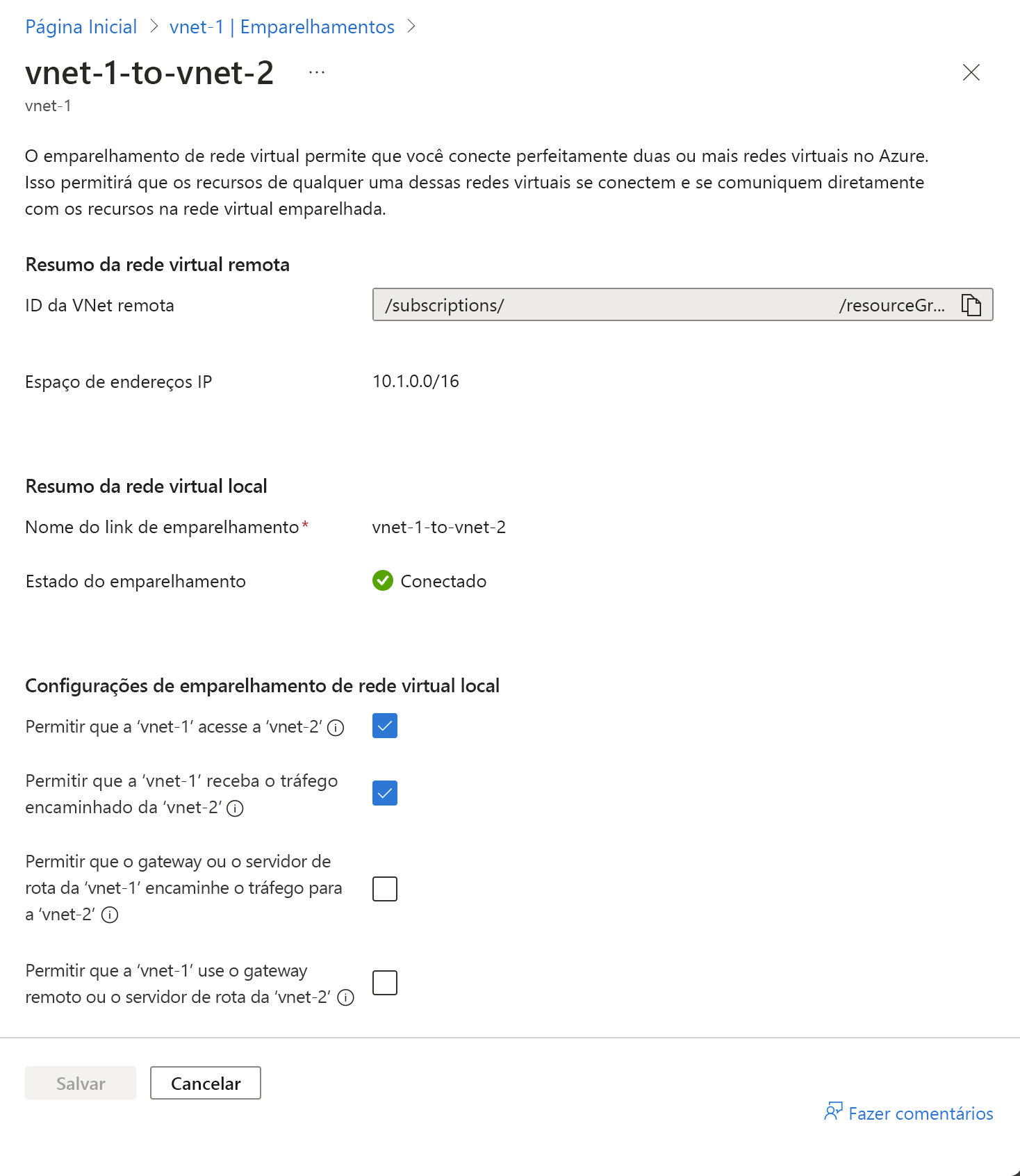 Captura de tela da alteração das configurações de emparelhamento de rede virtual.