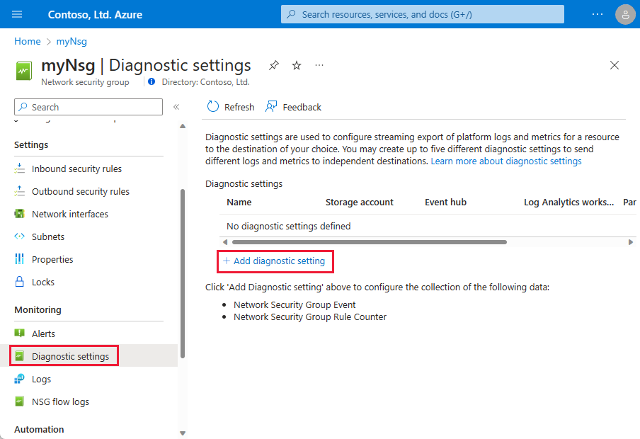Captura de tela que mostra as configurações de diagnóstico de um NSG com a configuração Adicionar diagnóstico realçada.