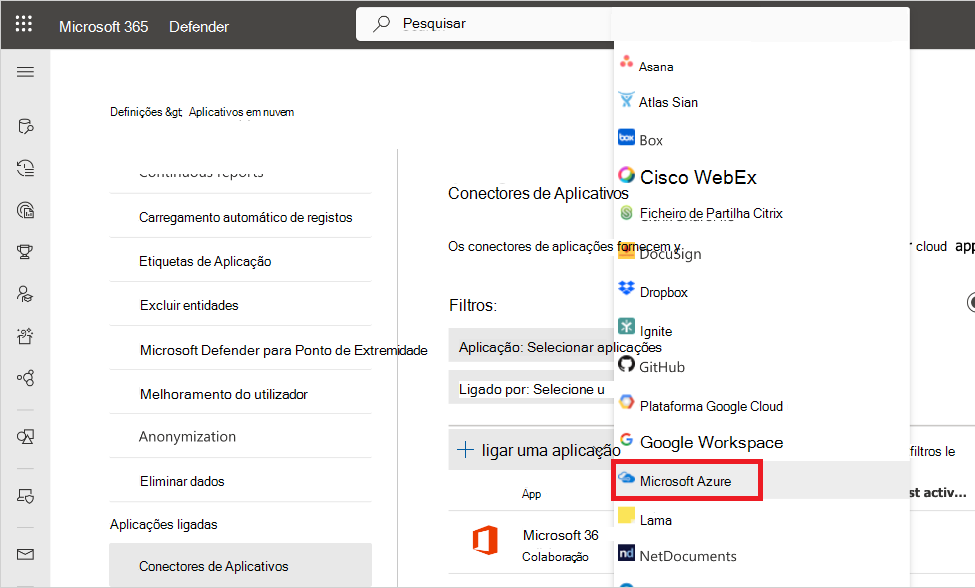 Ligar o item de menu do Azure.