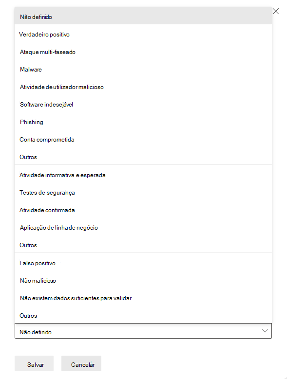 Captura de ecrã a mostrar as opções de classificação para incidentes.