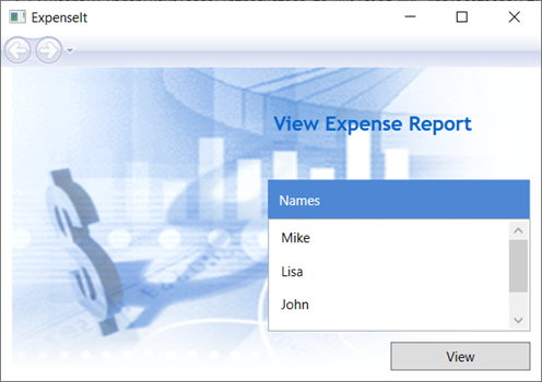 Captura de tela de exemplo do ExpenseIt mostrando o novo plano de fundo da imagem e o título da página