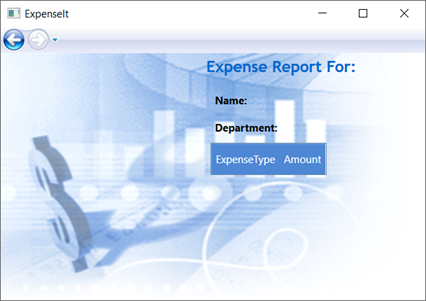 Captura de tela de exemplo do ExpenseIt mostrando a interface do usuário criada para o ExpenseReportPage.