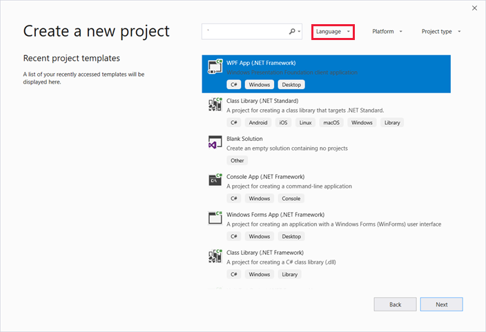 Criar diálogo de novo projeto