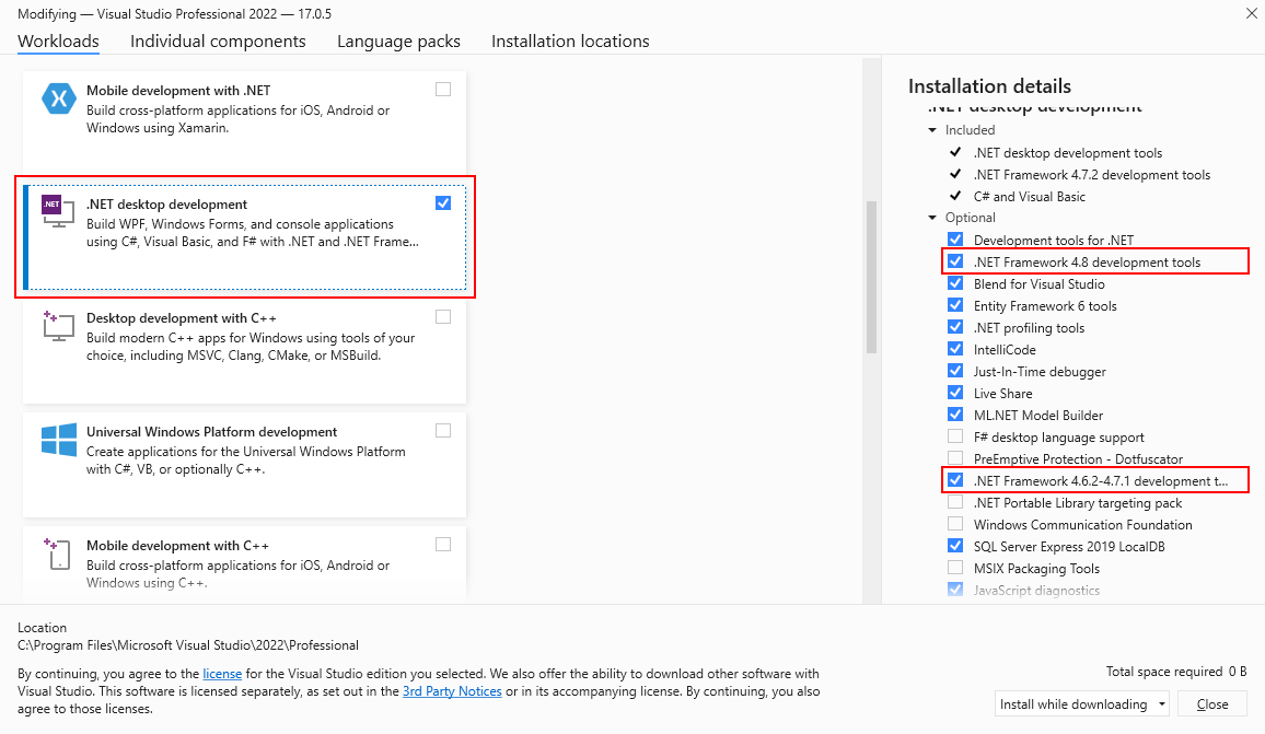 Instalador do Visual Studio com opções do .NET Framework selecionadas.