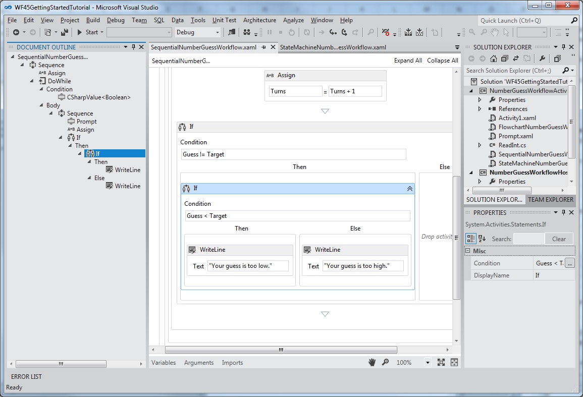 Captura de tela da exibição de estrutura com um fluxo de trabalho sequencial no Visual Studio