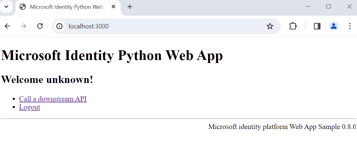 Captura de tela do exemplo de aplicativo Web do Flask após a autenticação bem-sucedida.