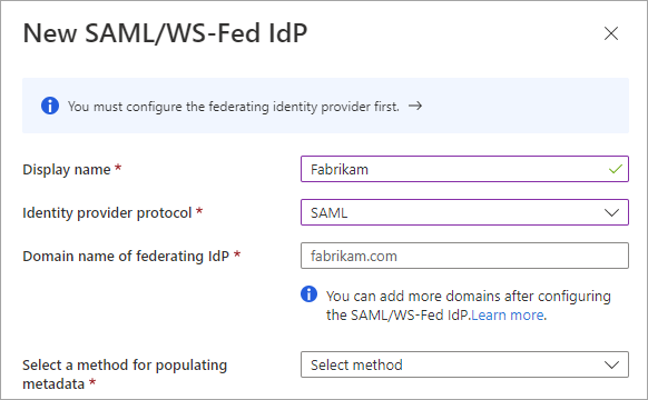 Captura de tela mostrando a nova página SAML ou IdP WS-Fed.