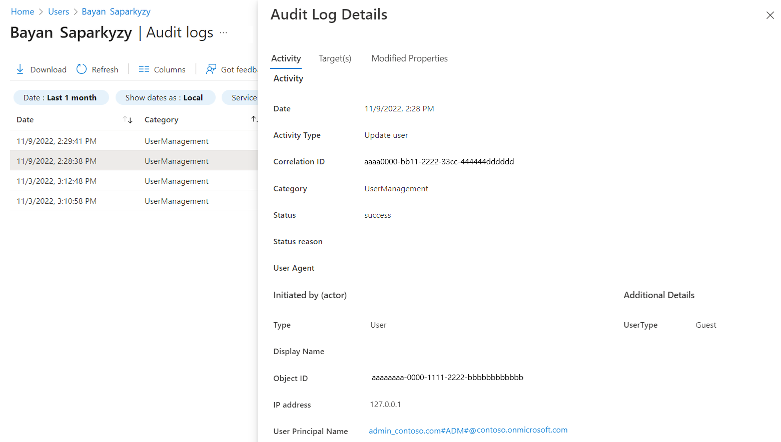 Captura de tela que mostra os detalhes do log de auditoria.